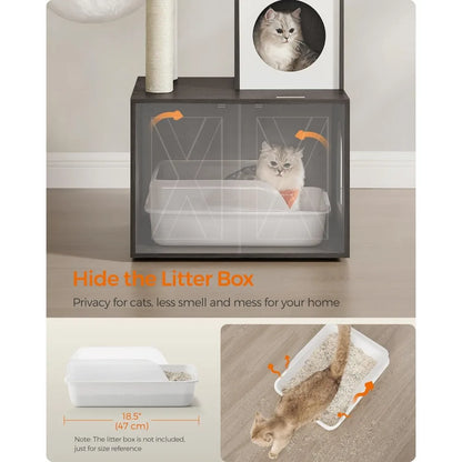 Cat Tree with Litter Box Enclosure, 59-Inch Modern Cat Tower, 2-in-1 Condo with Scratching Posts, Washable Removable Cushion