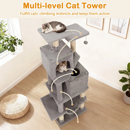 57" Cat Tree for Indoor Cats w/ Dual Condos Hammock
