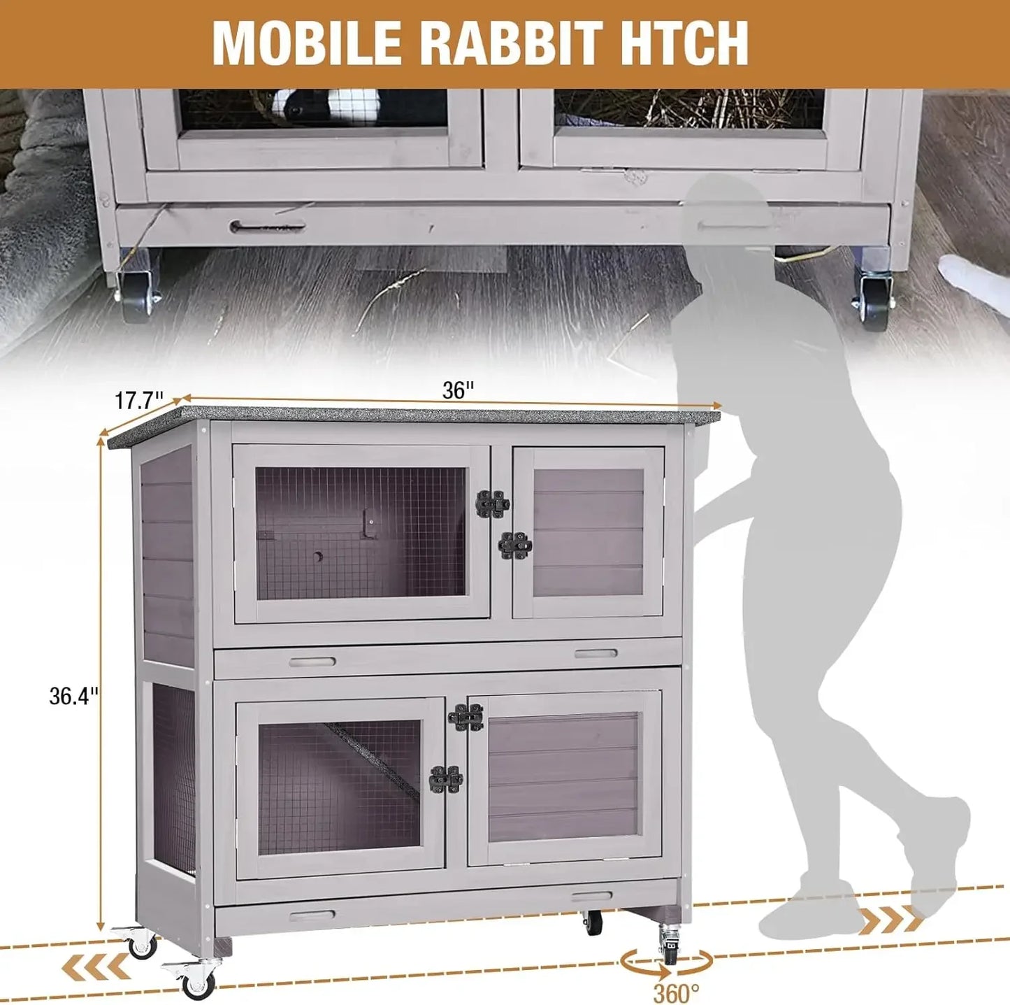 Rabbit Hutch Indoor Outdoor, Bunny Cage with Casters