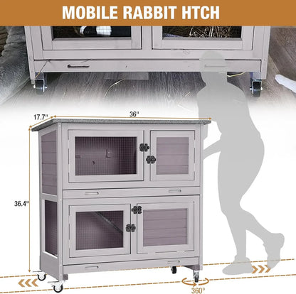 Rabbit Hutch Indoor Outdoor, Bunny Cage with Casters
