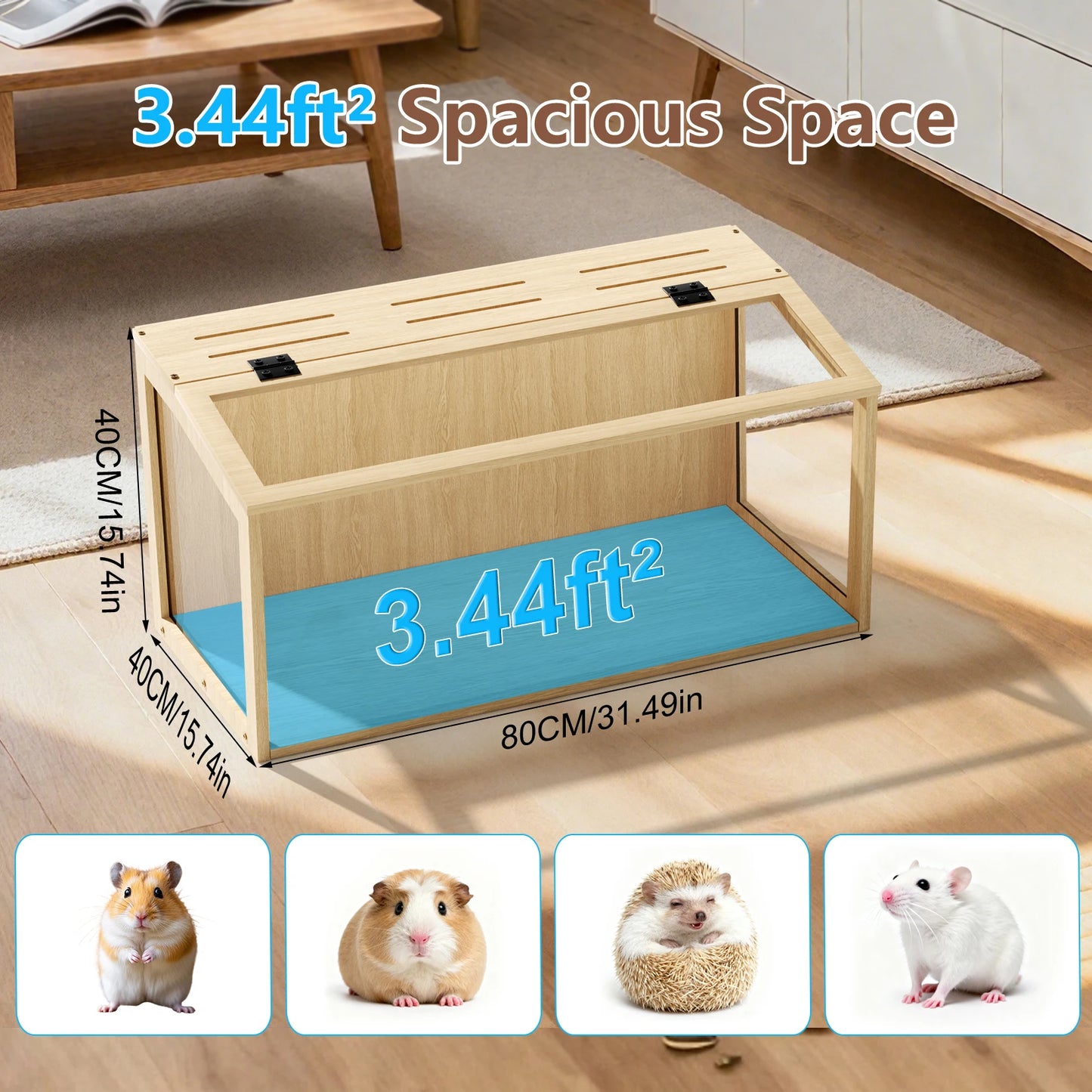 Large Wooden Hamster Cage Clear Tempered Glass