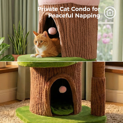 Large Cat Tree with 4 Spacious Condos Top Bed