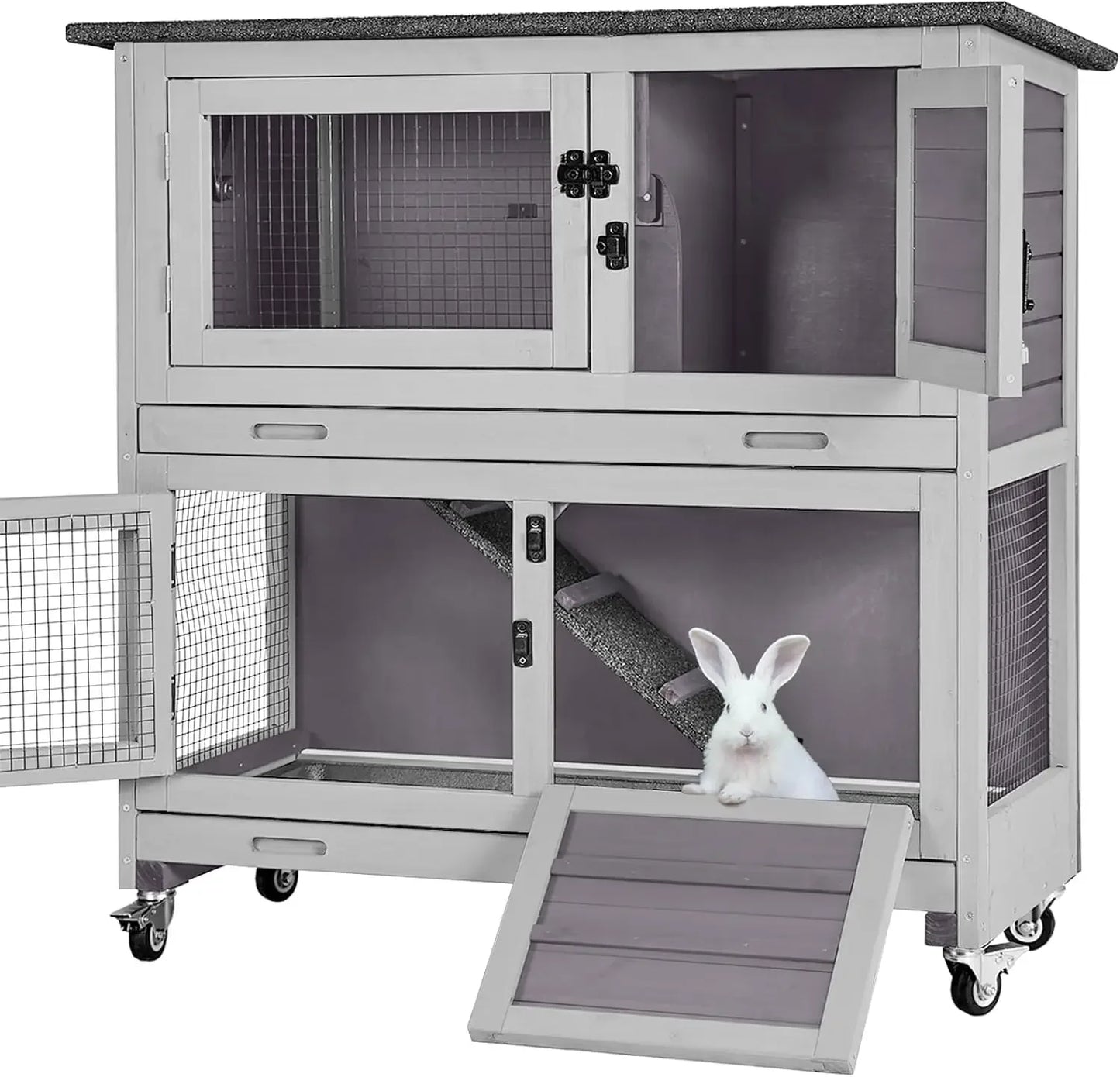 Rabbit Hutch Indoor Outdoor, Bunny Cage with Casters