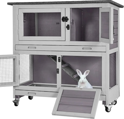 Rabbit Hutch Indoor Outdoor, Bunny Cage with Casters