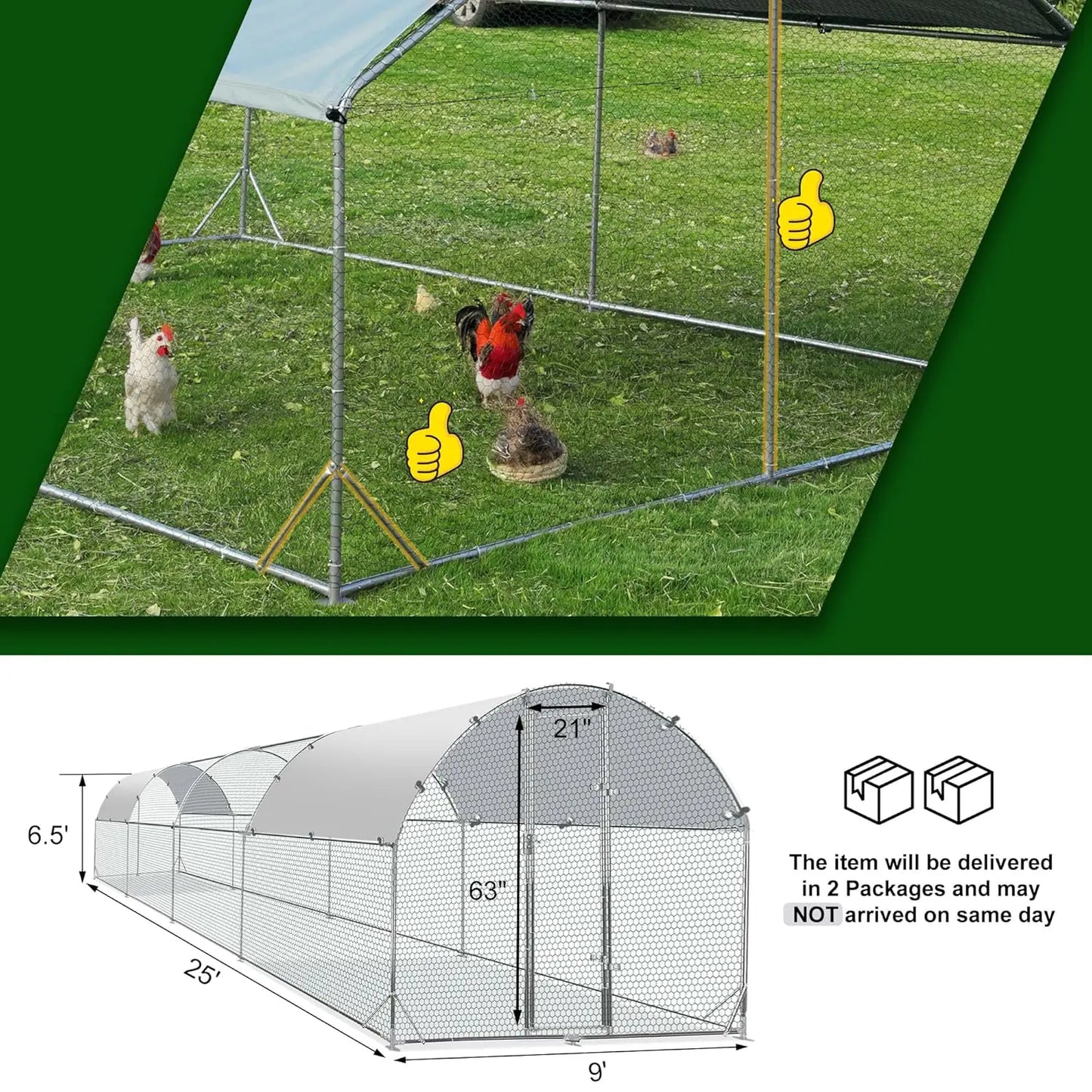 Metal Round Top Chicken Coop Cover Outdoor Run 25x9x6.5ft