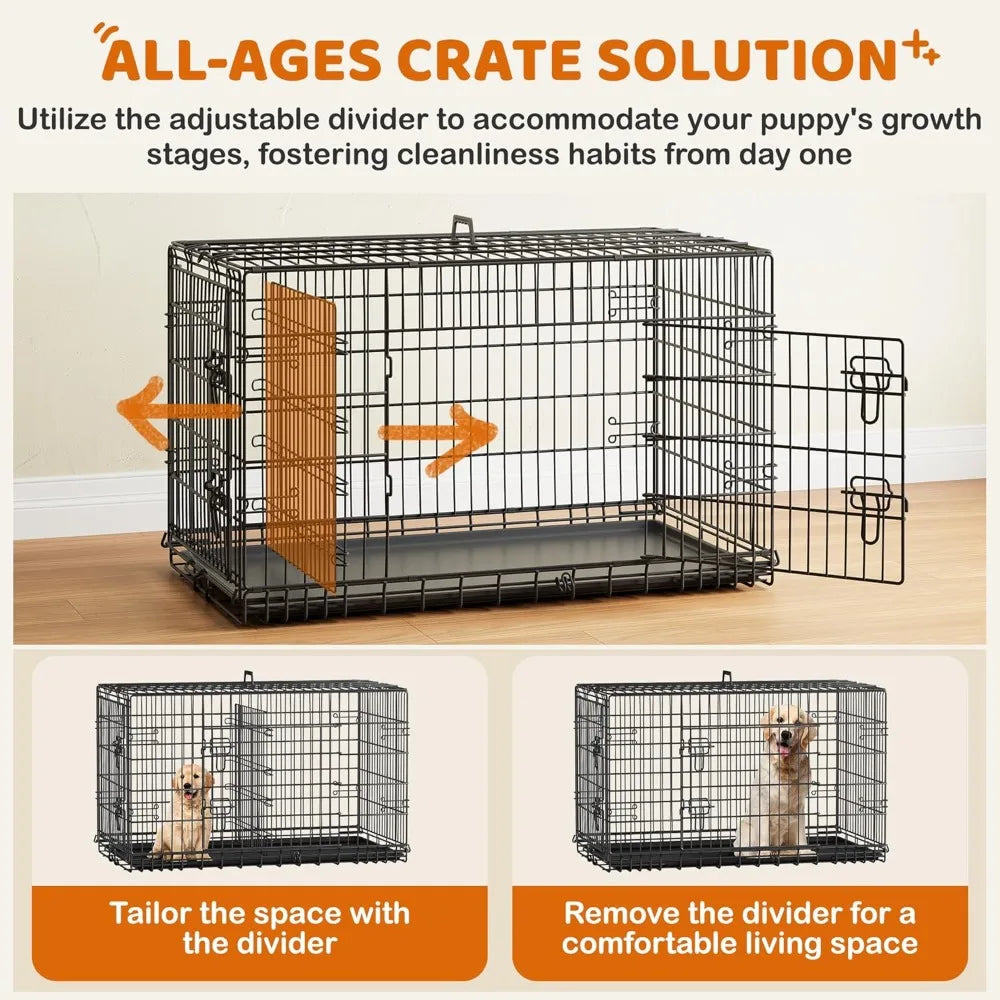 42in Double Door Dog Crate with Divider, Collapsible Metal, Travel, Black