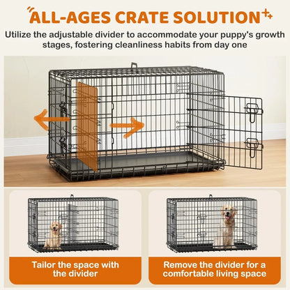 42in Double Door Dog Crate with Divider, Collapsible Metal, Travel, Black