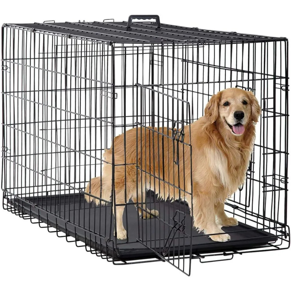 48" Black Foldable Metal Dog Kennel Double Doors