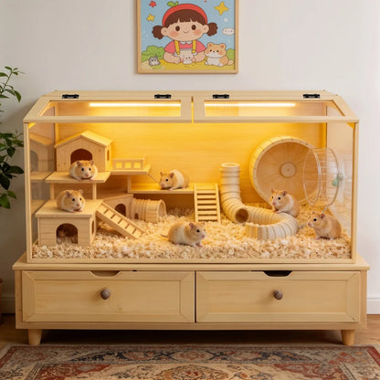 Large Wooden Hamster Cage Clear Tempered Glass