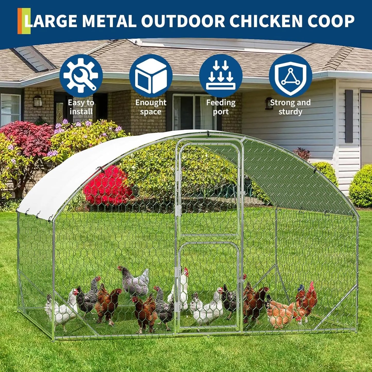 Metal Chicken Coop Walk-in Poultry Cage 9.8 x 6.5 x 6.5ft