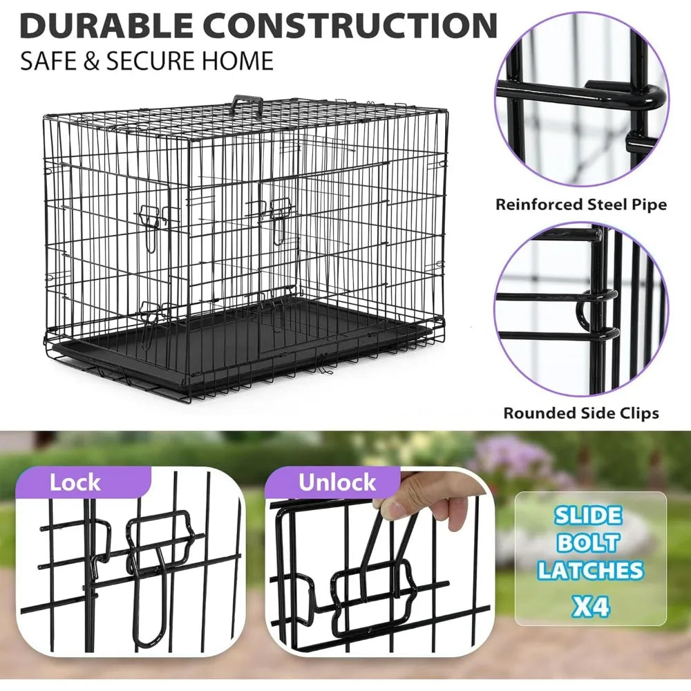 48" Black Foldable Metal Dog Kennel Double Doors