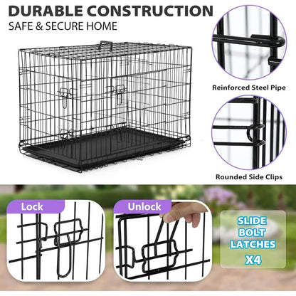 48" Black Foldable Metal Dog Kennel Double Doors