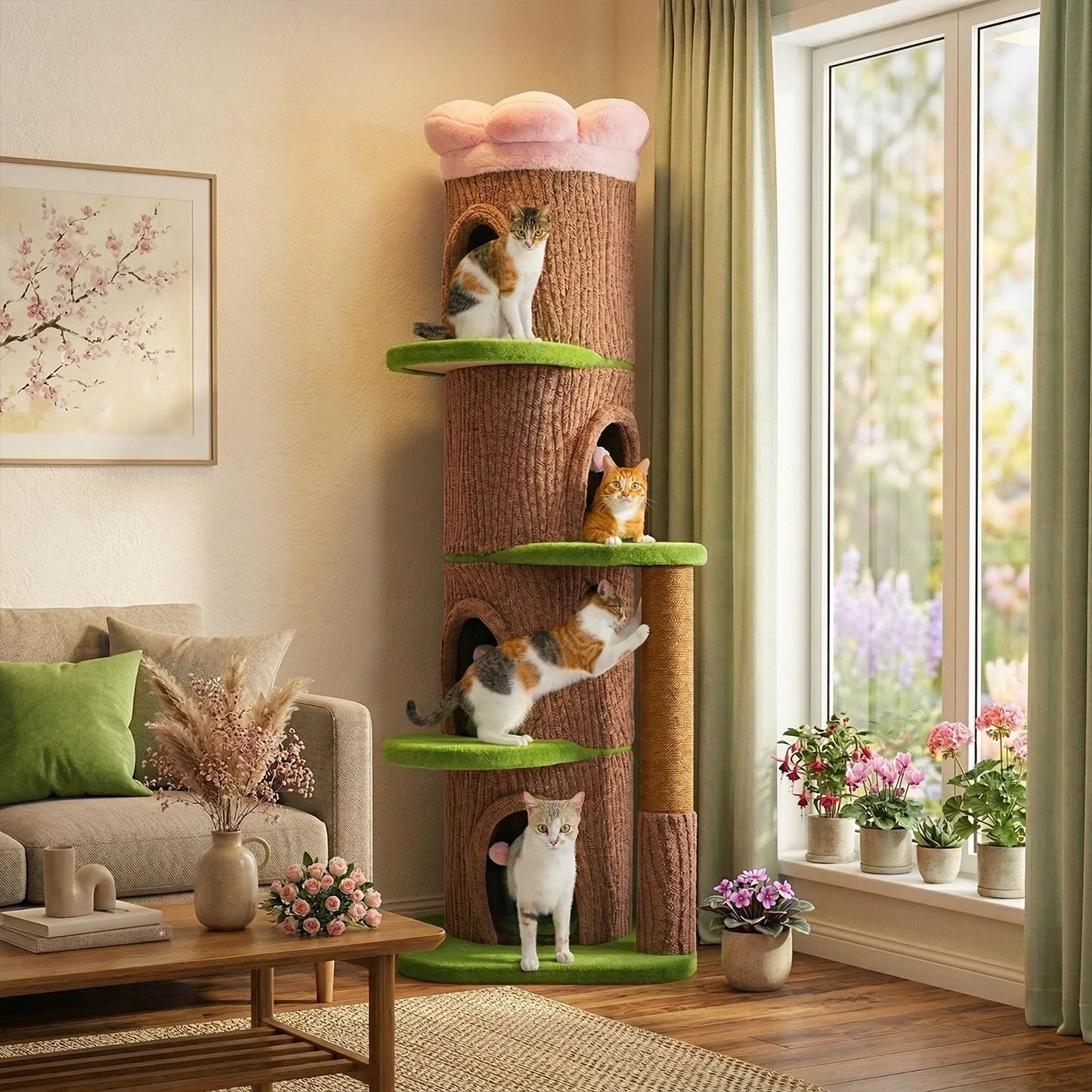 Large Cat Tree with 4 Spacious Condos Top Bed