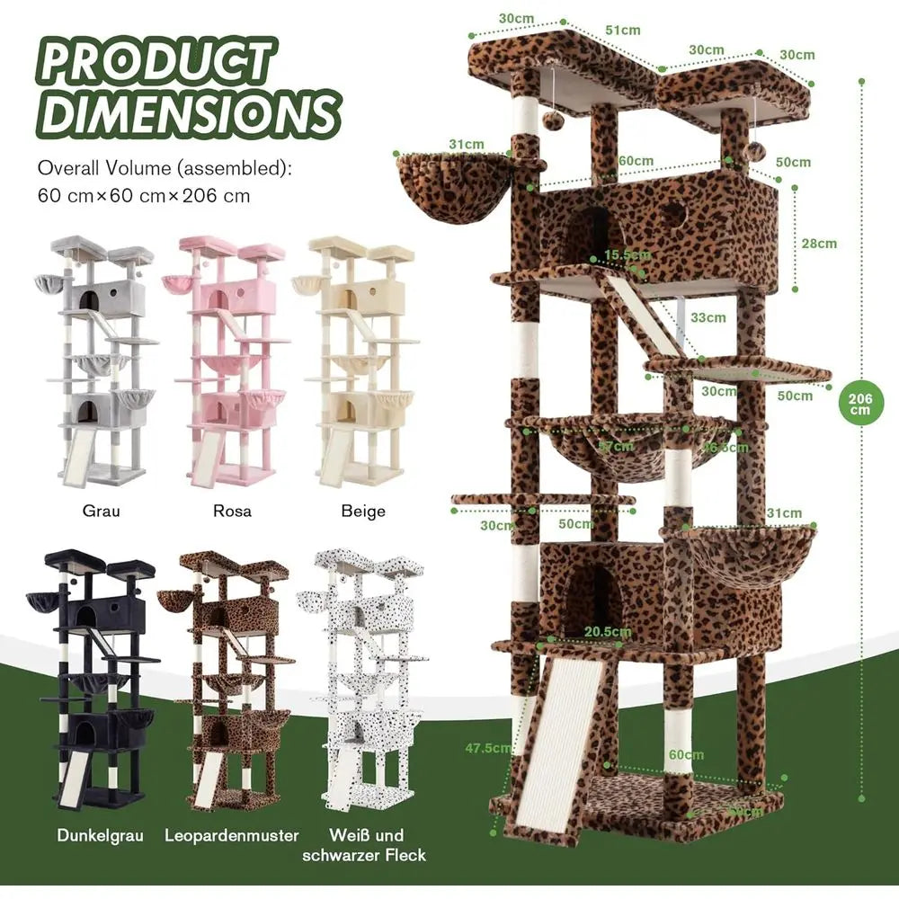 81-Inch Multi-Level Cat Tree Tower with Indoor Climbing, Scratching Posts, Perches, and Hammock in Leopard Print