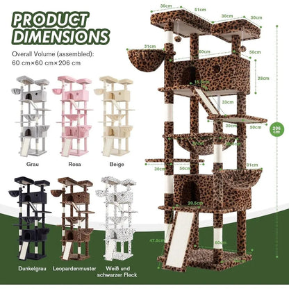 81-Inch Multi-Level Cat Tree Tower with Indoor Climbing, Scratching Posts, Perches, and Hammock in Leopard Print
