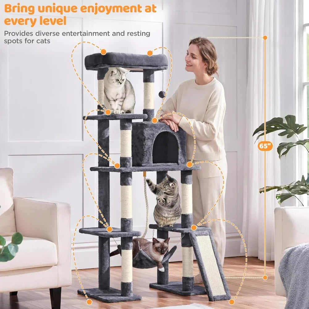 63" Cat Tree w/Sisal Scratching Posts, Condo, Hammock, Dangling Ball