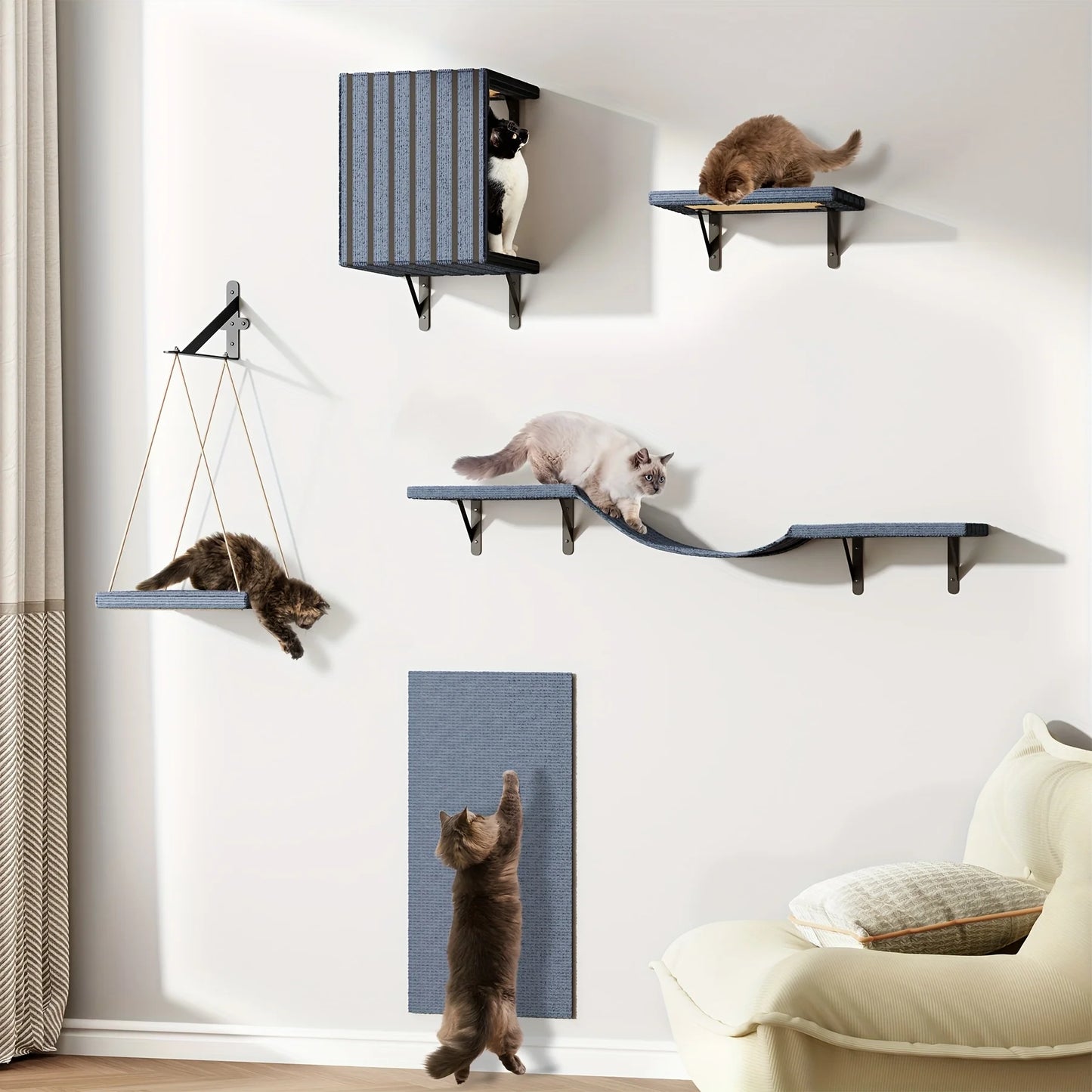 Wall Mounted Cat Climber Set, with House, Tunnel, Bridge, Perch