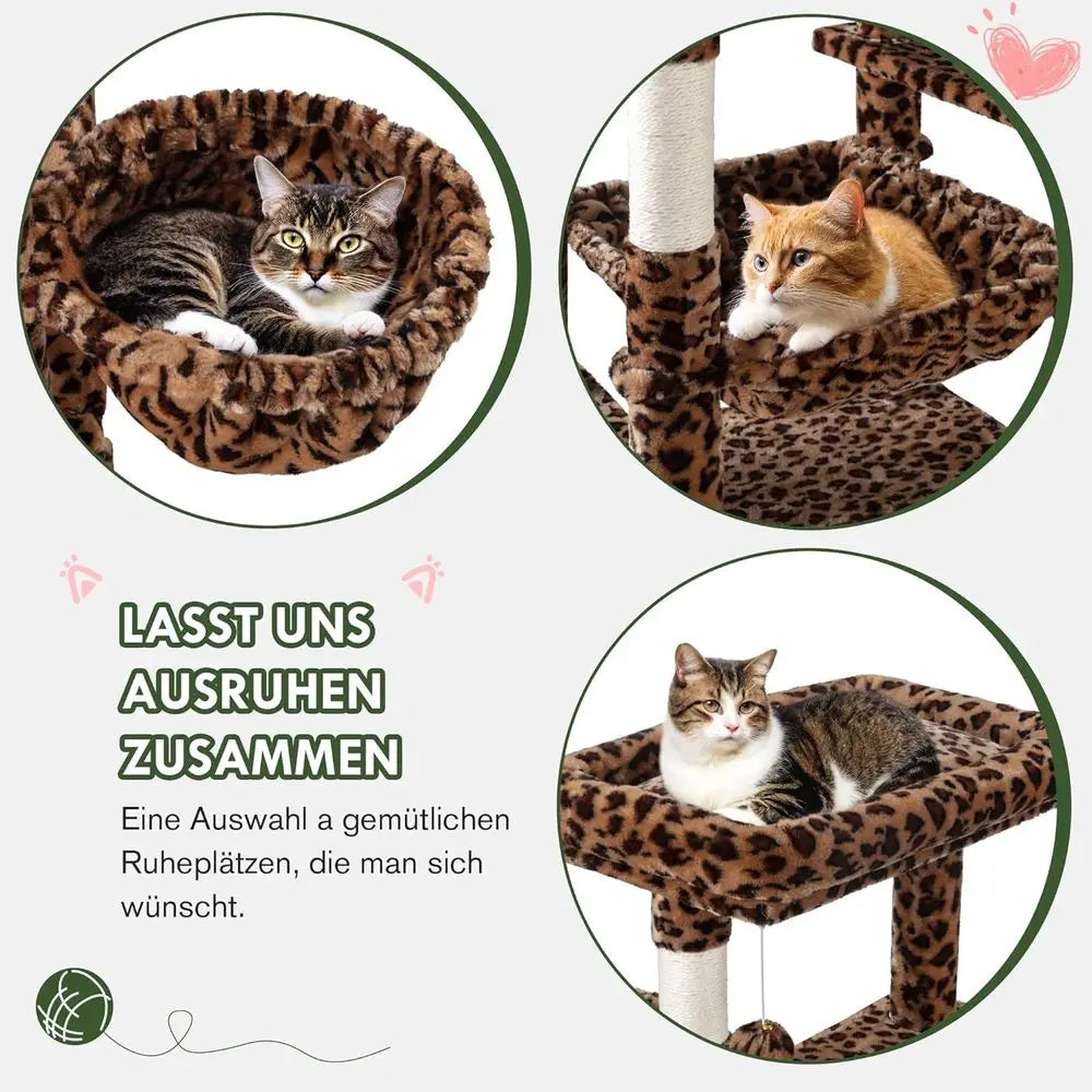 81-Inch Multi-Level Cat Tree Tower with Indoor Climbing, Scratching Posts, Perches, and Hammock in Leopard Print