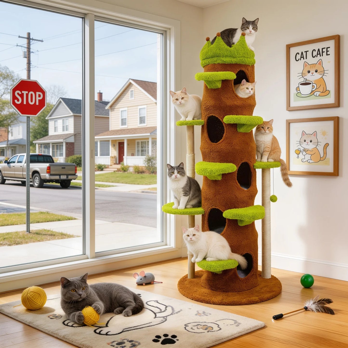 187CM Tall Cat Tree Tower, Green Perch Condo