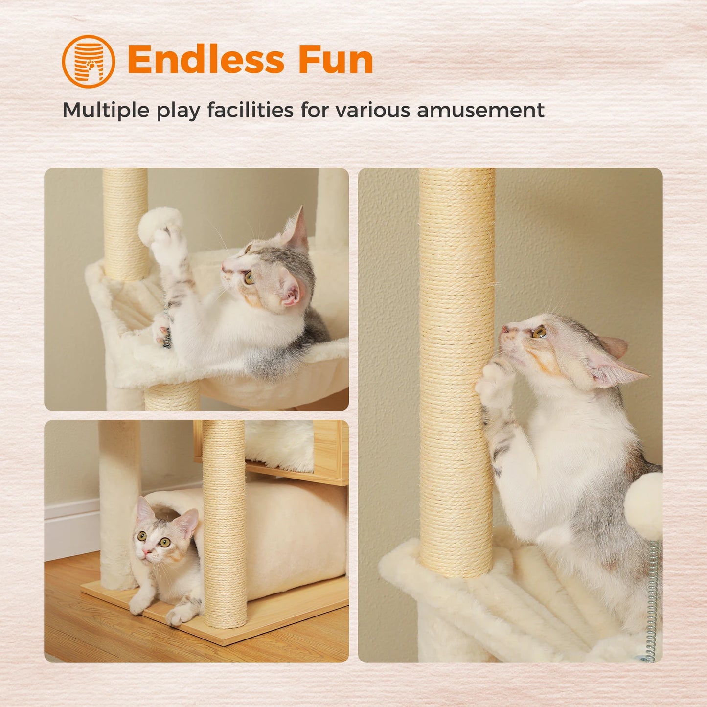 Cat Tree tower Height Adjustable Wooden with Hammock