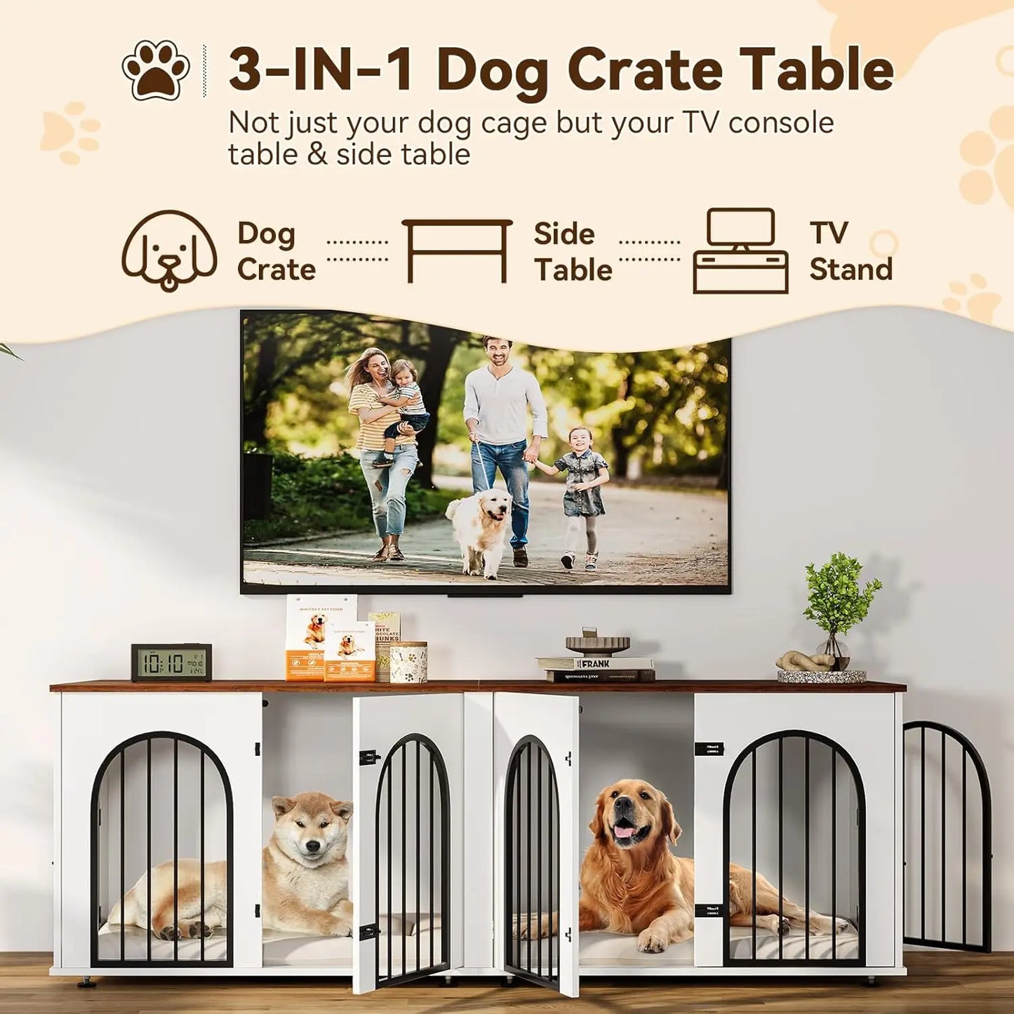 Dog Crate Furniture for 2 Dogs, 71" Indoor/w Cushions