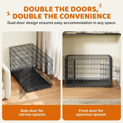 42in Double Door Dog Crate with Divider, Collapsible Metal, Travel, Black