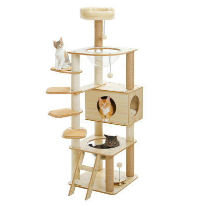 Cat Tree Wood Tower, Scratching Posts, Condo, Hammock, Perch
