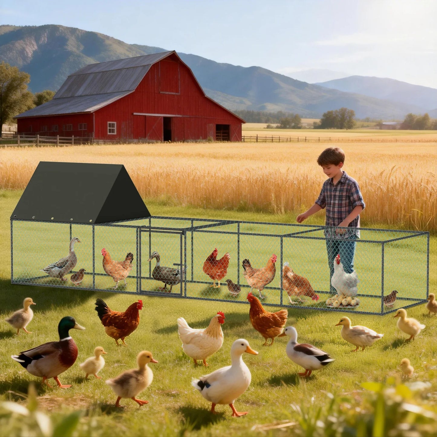 319cm Length Metal Chicken Coop, W/ Run, Netting, Cover