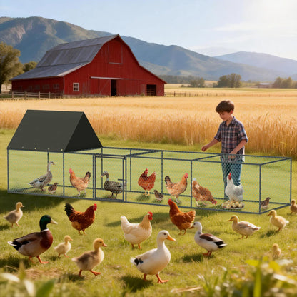 319cm Length Metal Chicken Coop, W/ Run, Netting, Cover