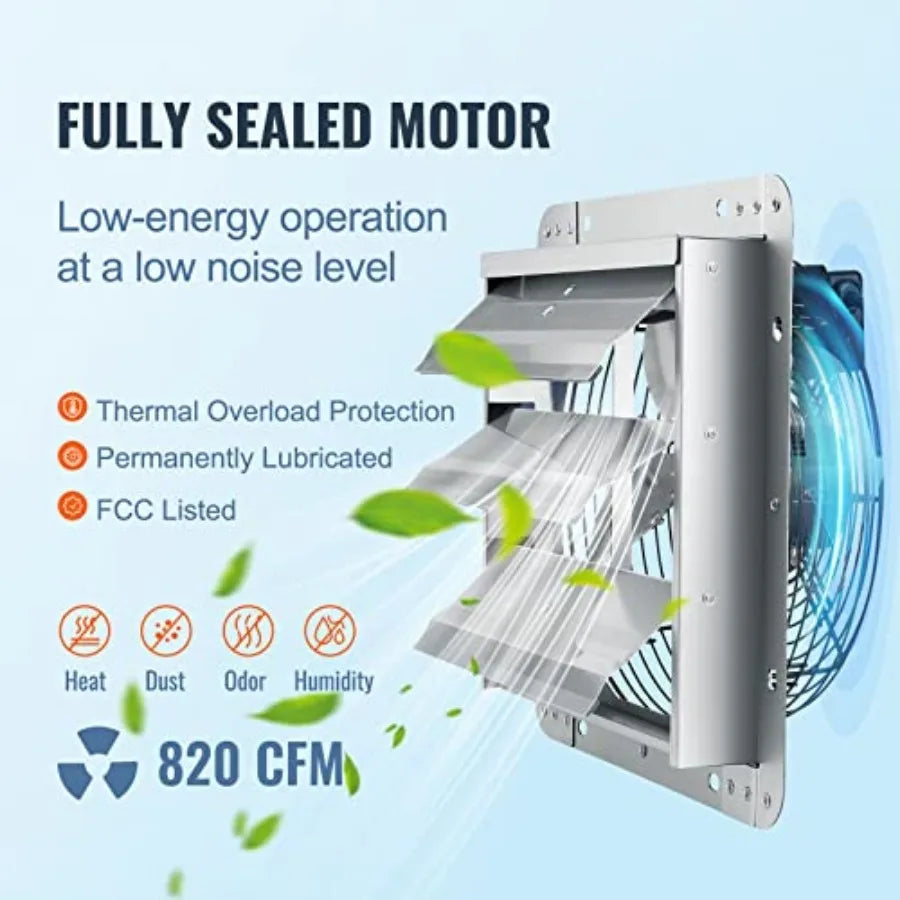 10'' Shutter Exhaust Fan, High-speed 820 CFM, Aluminum Wall Mount Attic Fan with AC-motor, Ventilation and Cooling for Greenhou