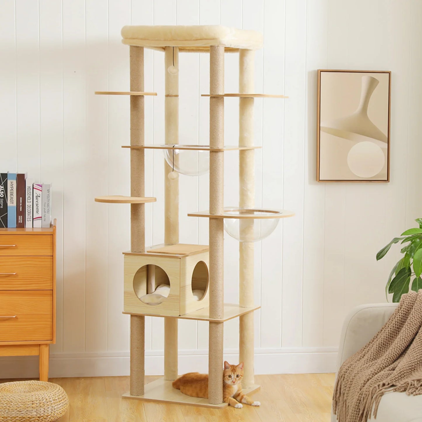 Cat Tree Wood Tower, Scratching Posts, Condo, Hammock, Perch