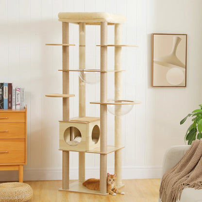 Cat Tree Wood Tower, Scratching Posts, Condo, Hammock, Perch