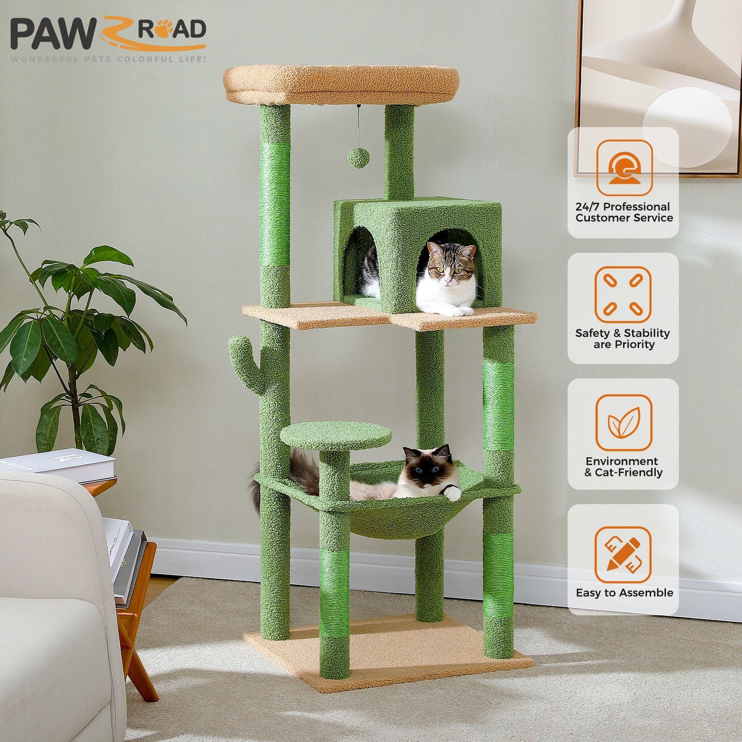 Cactus Cat Tree Tower w/ Metal Hammock