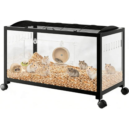 Hamster Cage with Wheels,Metal & Acrylic Habitat for Hamster,Guinea Pig,Gerbil,Mice,Chew-Proof, Dual Doors, Easy Clean
