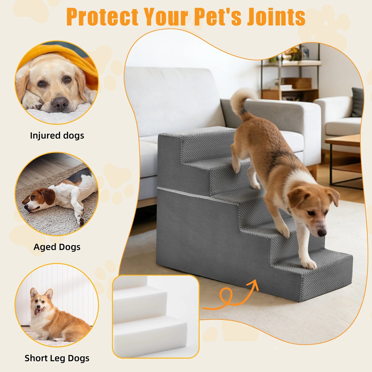 3-5 Step Right Angled Foam Dog Stairs Washable