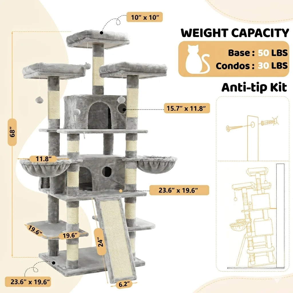 173cm 68in Cat Tree Tower, 2 Condos 3 Perches Scratching Post
