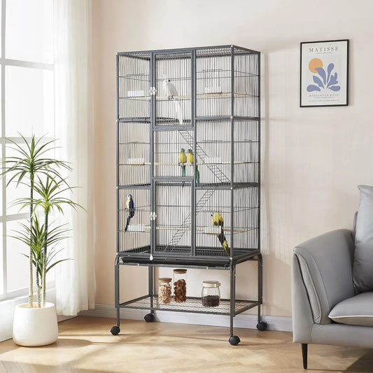 69-Inch Extra Large Rolling Bird Cage for Parrots and Cockatiels Flight Cage with Storage Shelf,Feed Bowls & Wood Perches