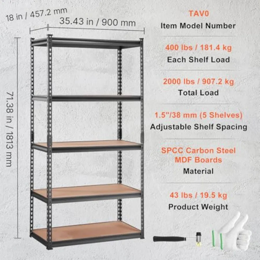 Storage Shelving Unit, 5-Tier Adjustable, 2000 lbs Capacity