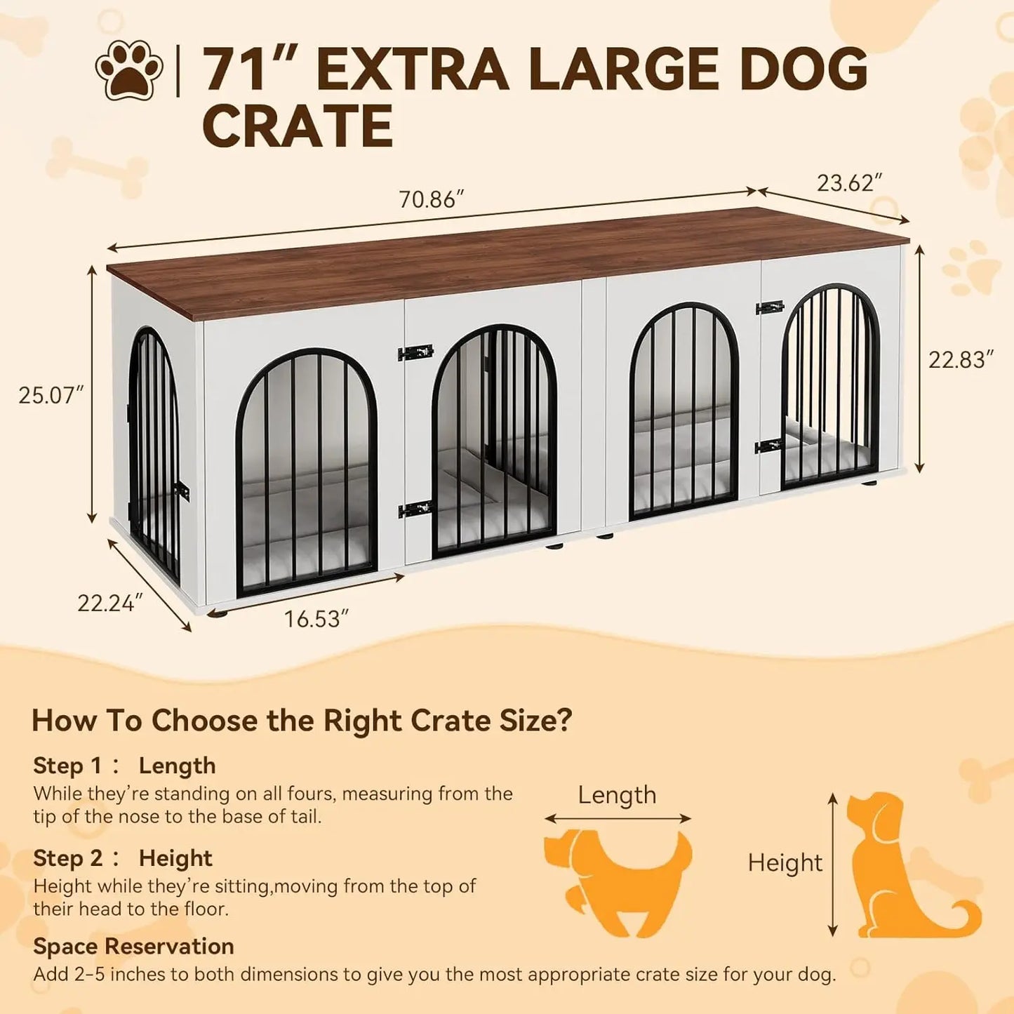 Dog Crate Furniture for 2 Dogs, 71" Indoor/w Cushions