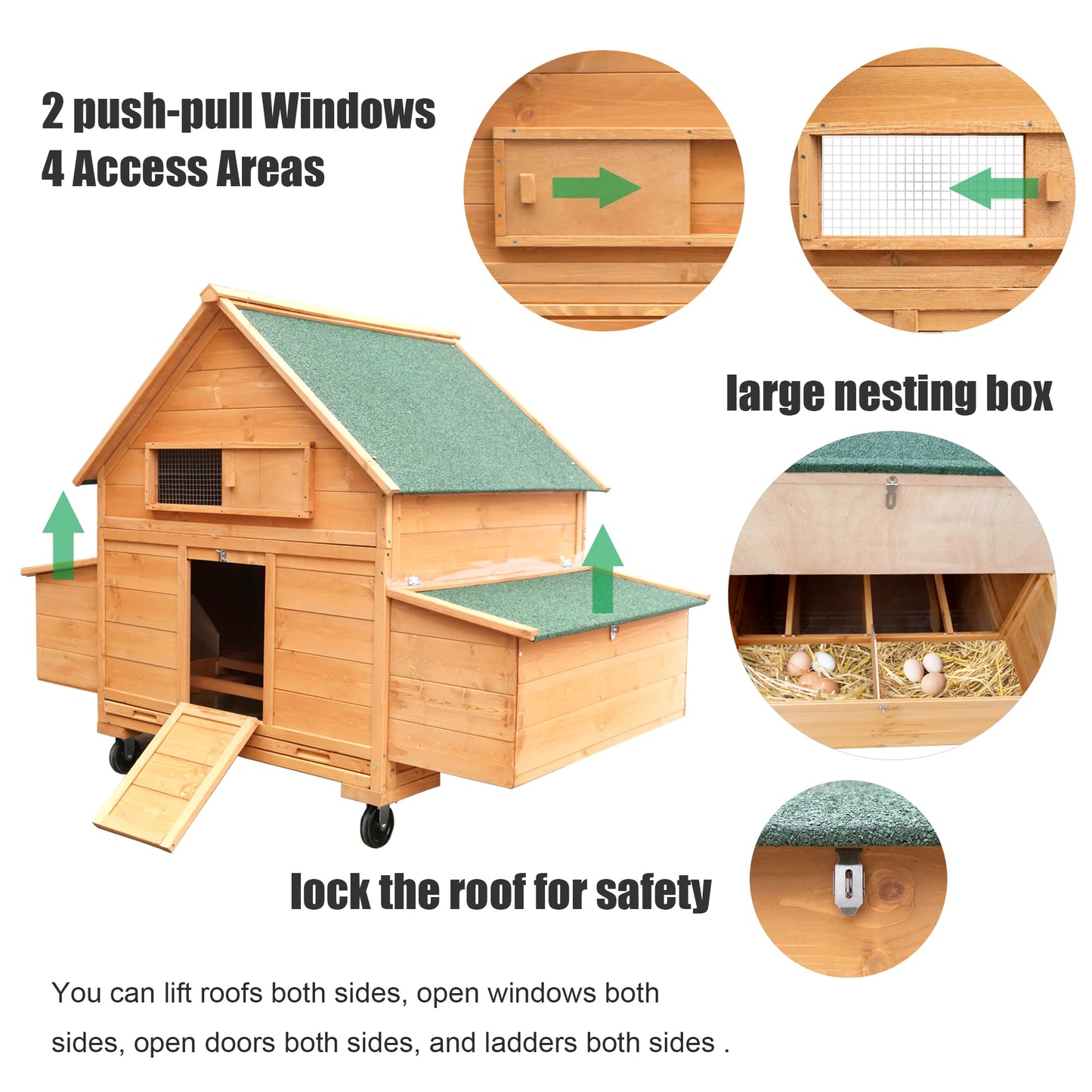 Chicken Coop on Wheels, Large 6-8 Chickens, with Nesting Box