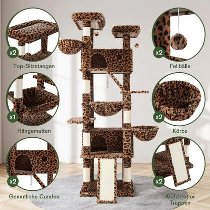81-Inch Multi-Level Cat Tree Tower with Indoor Climbing, Scratching Posts, Perches, and Hammock in Leopard Print