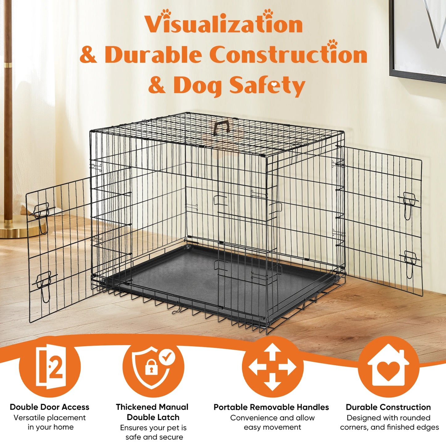 36/42/48 Inch Double Door Folding Metal Wire Dog Cage