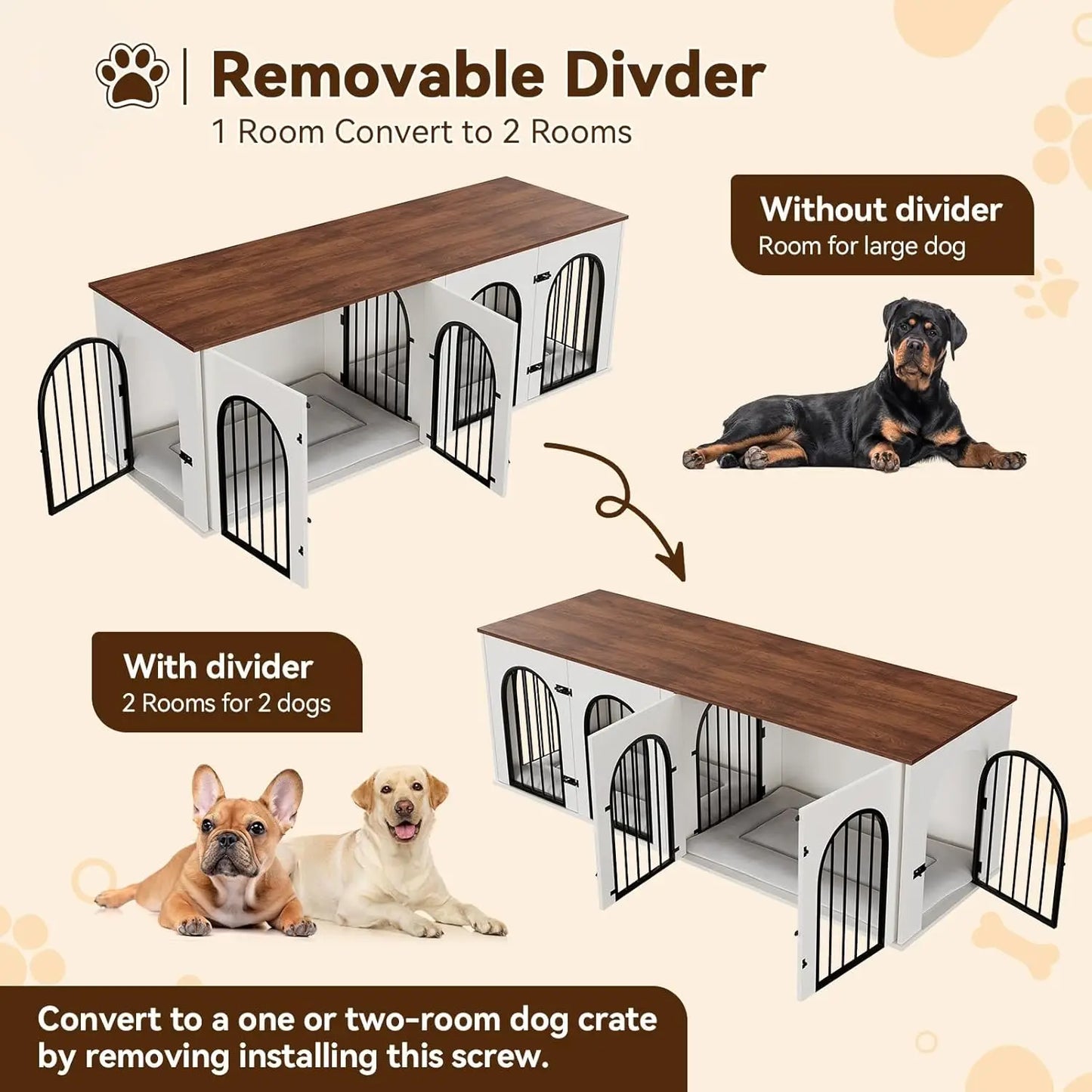 Dog Crate Furniture for 2 Dogs, 71" Indoor/w Cushions