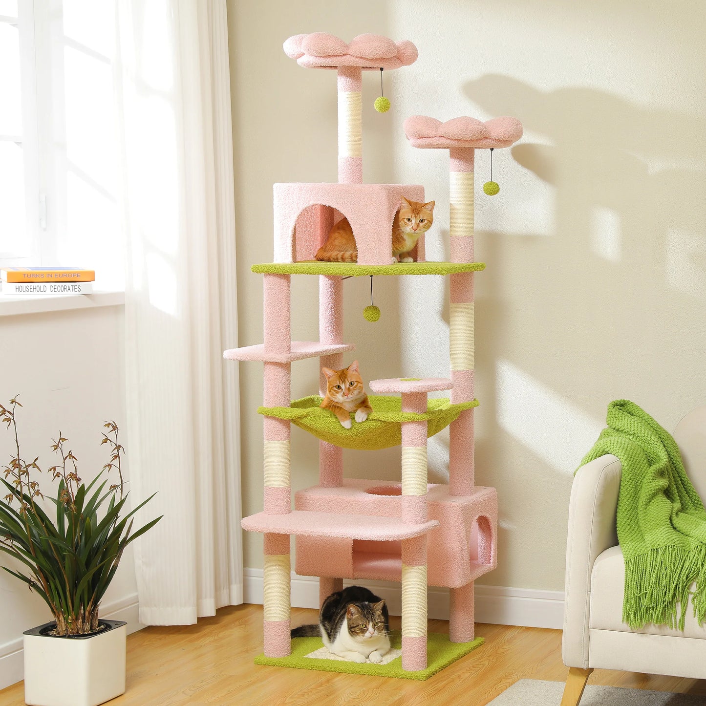 Cat Tree Tower W/ Scratching Posts& Hammock, Condo, Perch, Dangling Balls