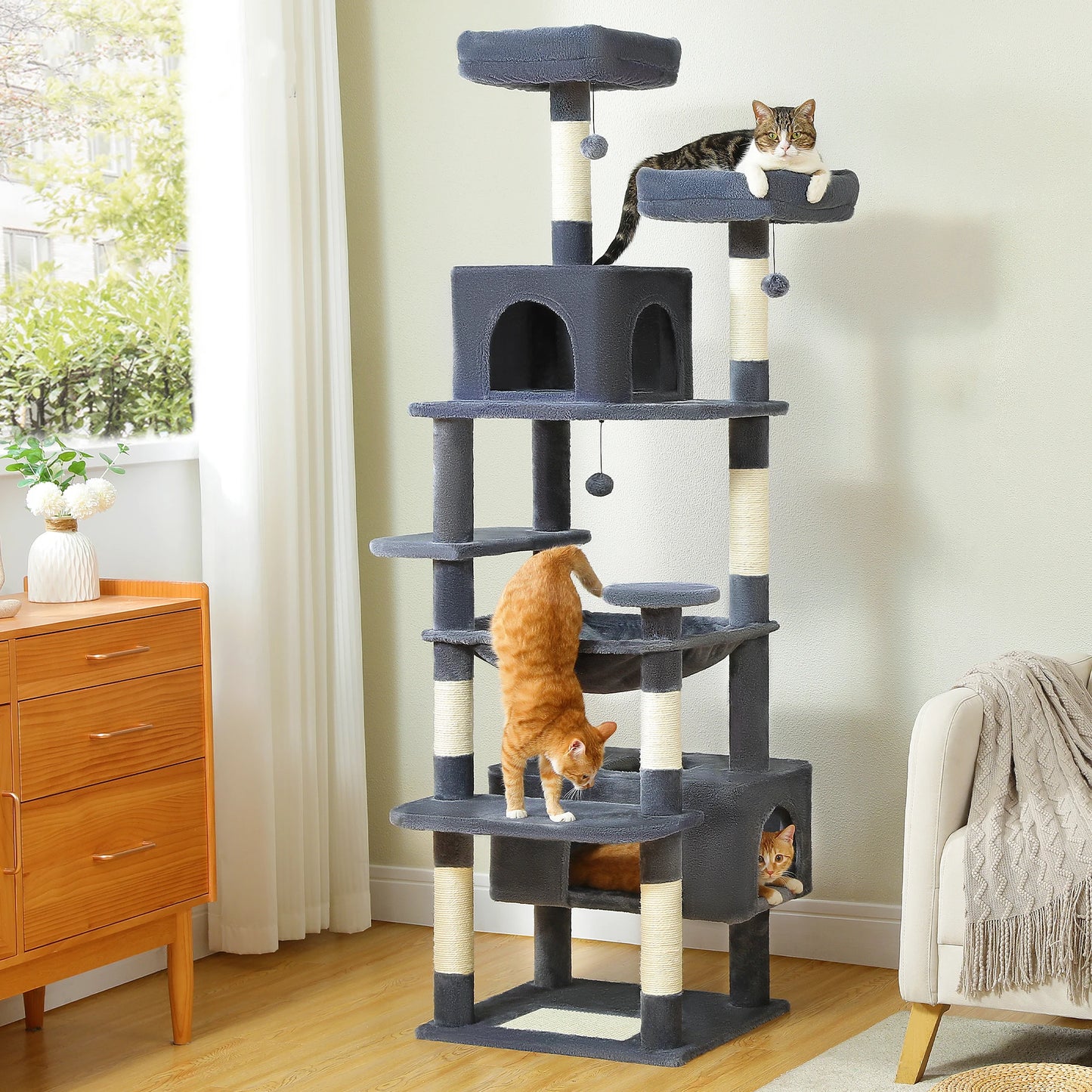 Cat Tree Tower W/ Scratching Posts& Hammock, Condo, Perch, Dangling Balls
