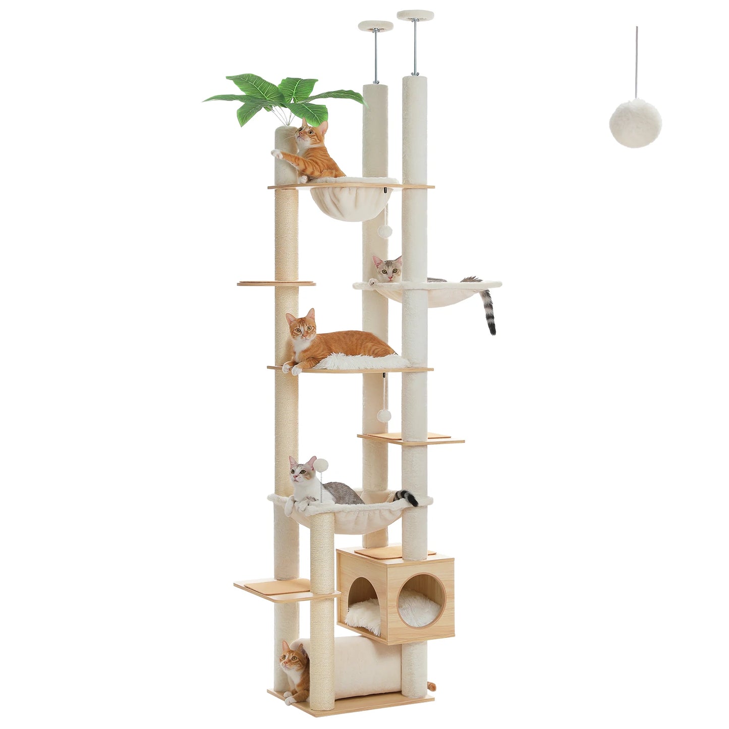Floor to Ceiling Wooden Cat Tree w/Hammock, Sisal Scratching Posts w/condo