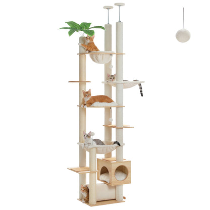 Floor to Ceiling Wooden Cat Tree w/Hammock, Sisal Scratching Posts w/condo