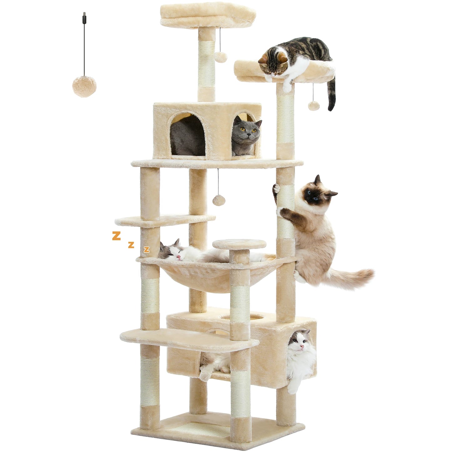 Cat Tree Tower W/ Scratching Posts& Hammock, Condo, Perch, Dangling Balls