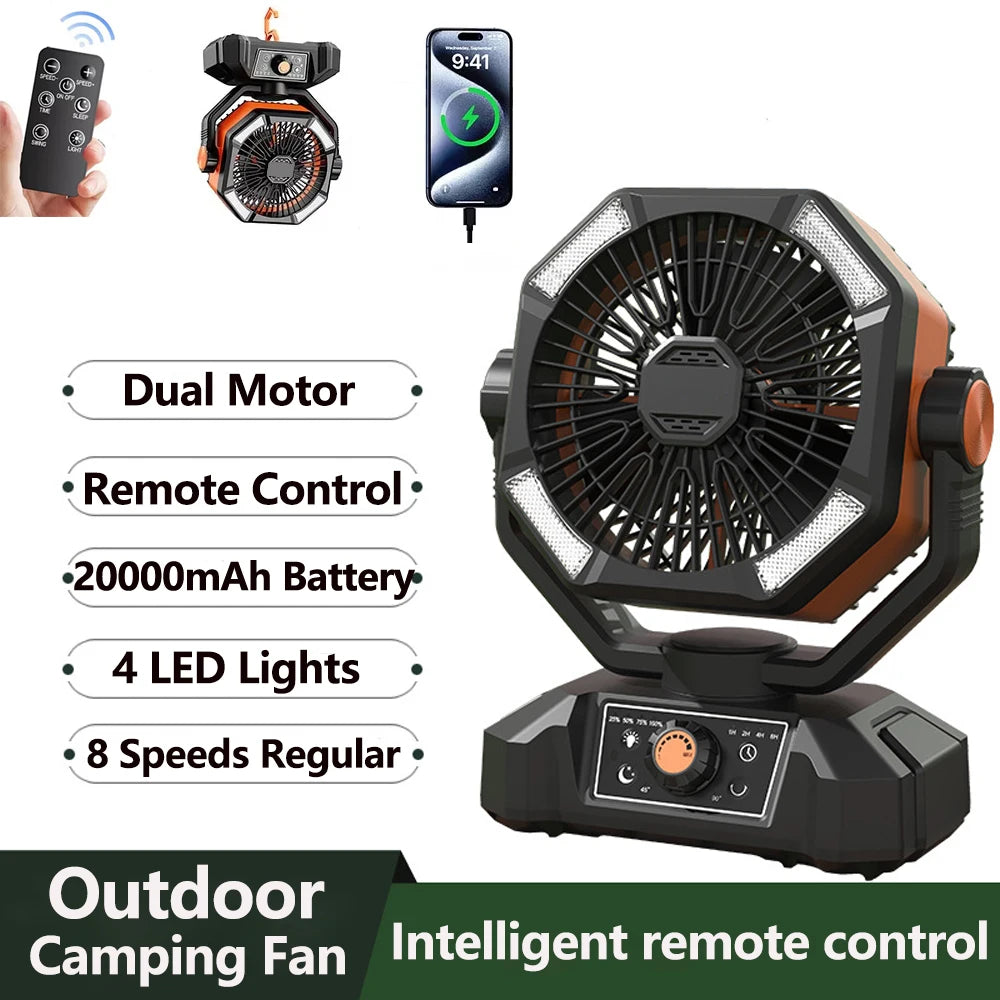 Camping Fan with 4 LED Lantern 8 Speeds