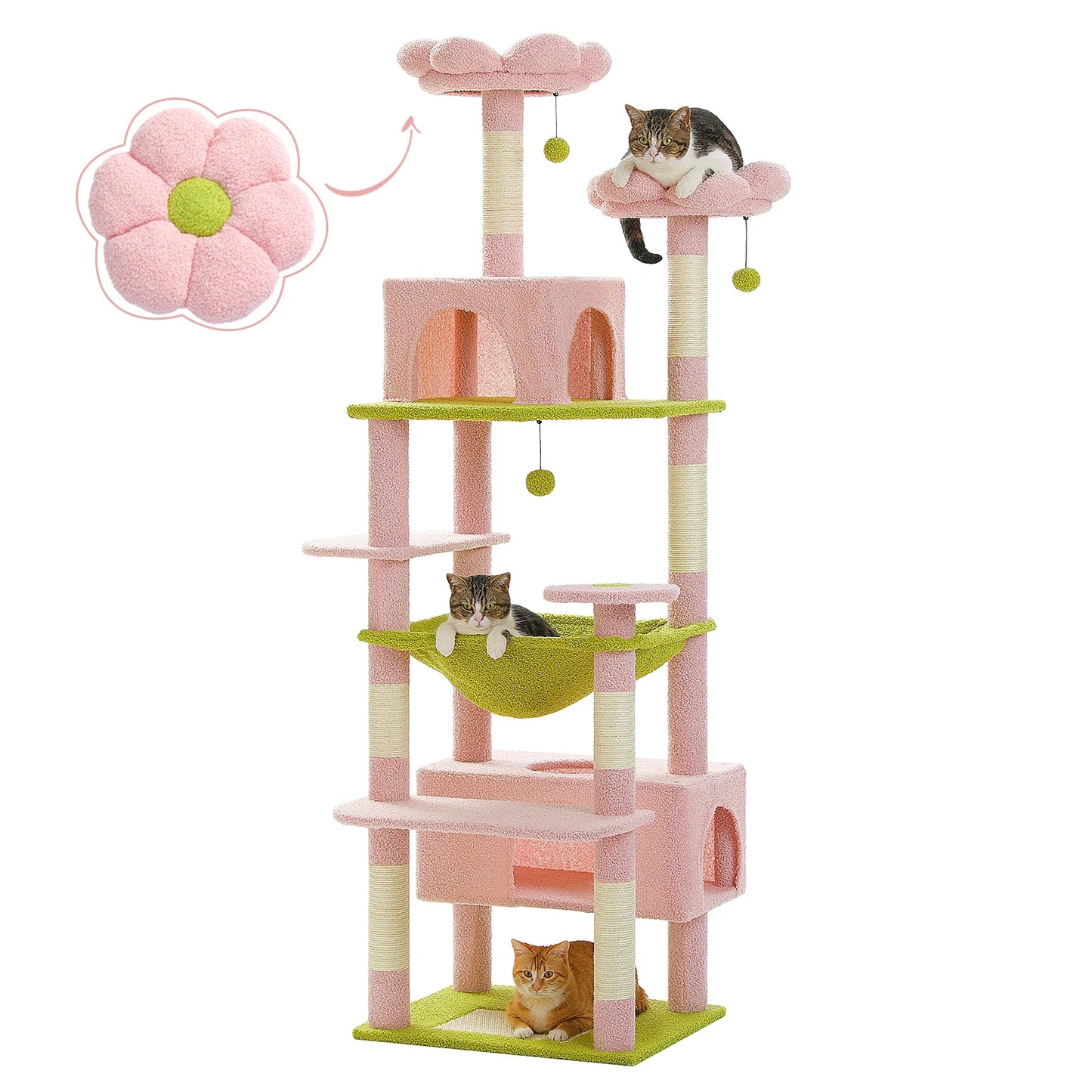Cat Tree Tower W/ Scratching Posts& Hammock, Condo, Perch, Dangling Balls
